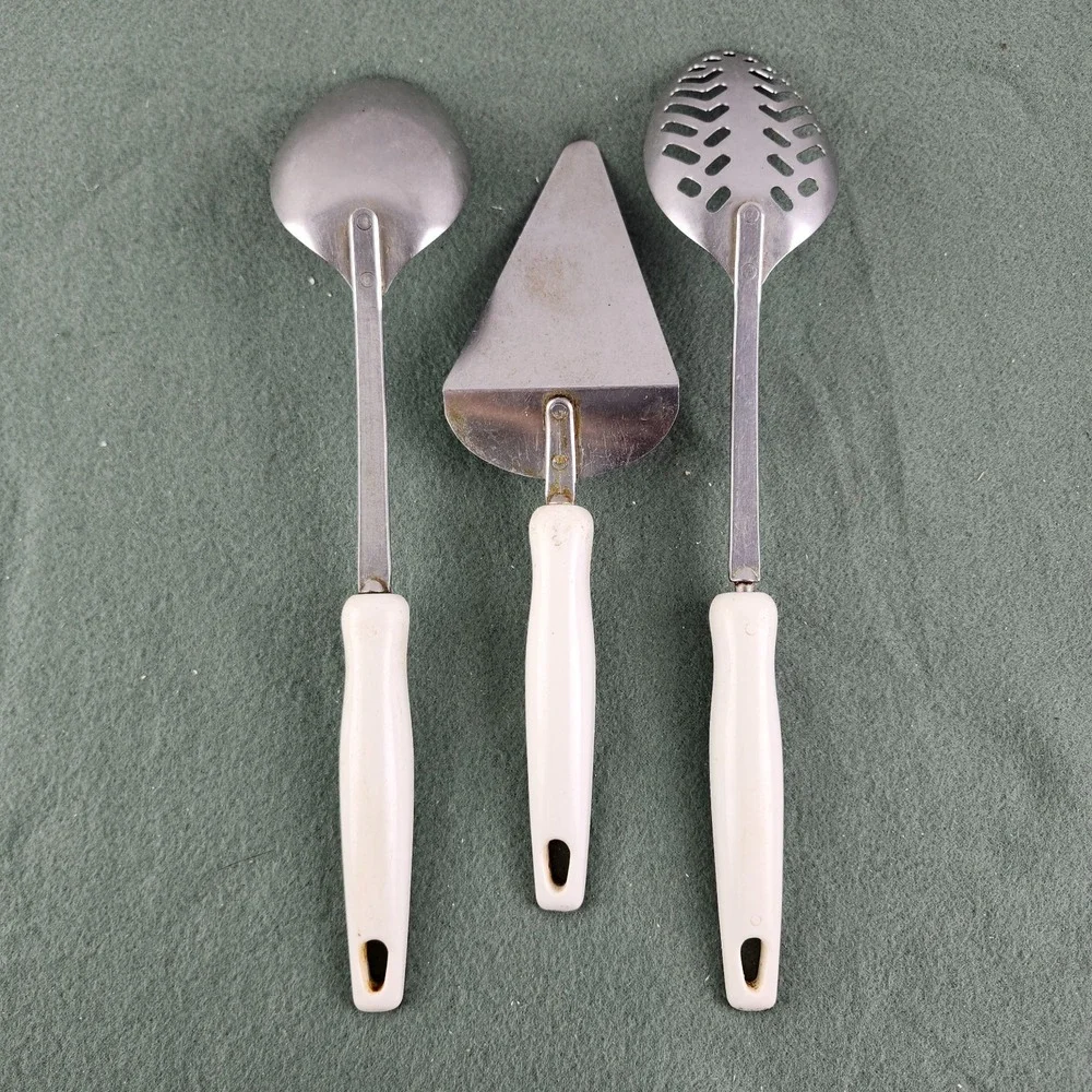 Vintage‎ EKCO USA Stainless Steel Serving Utensils - White & Purple Handle